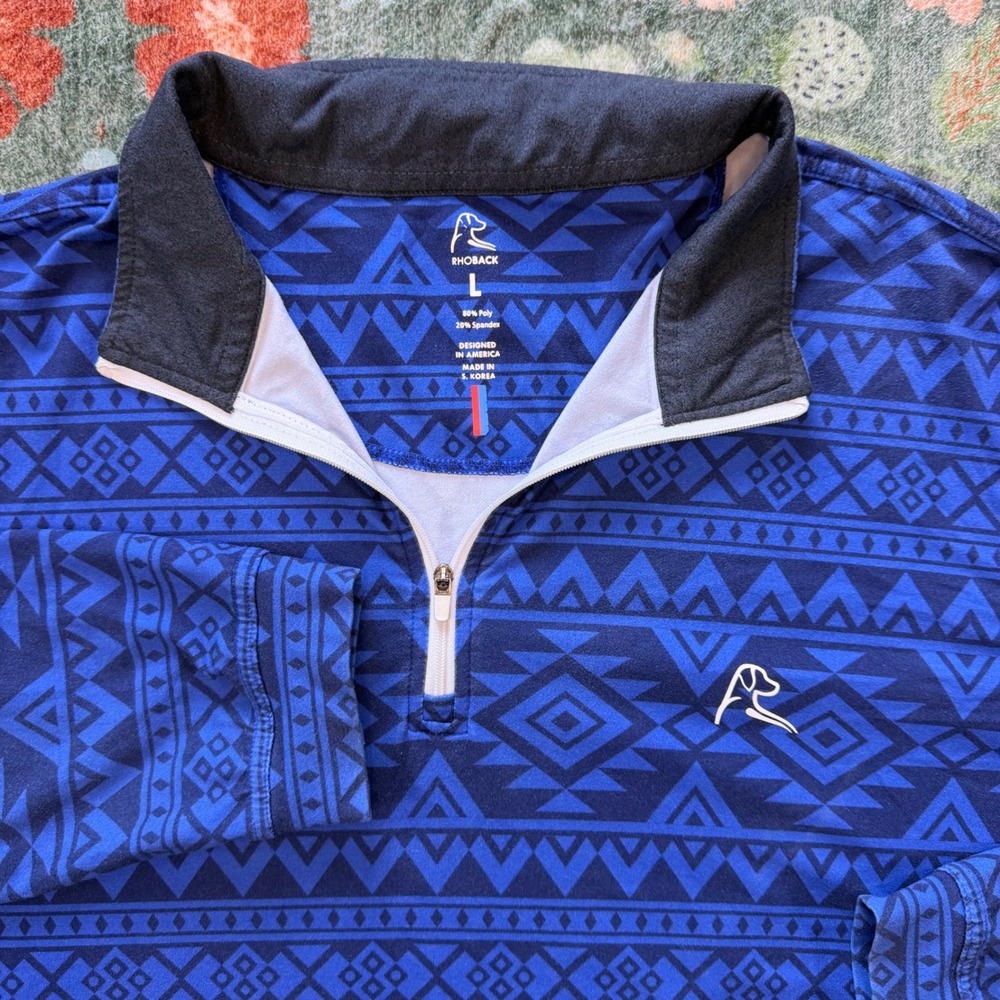 Rhoback Mens Large Blue Aztec Geometric Performance Quarter Zip Pullover‎ Golf